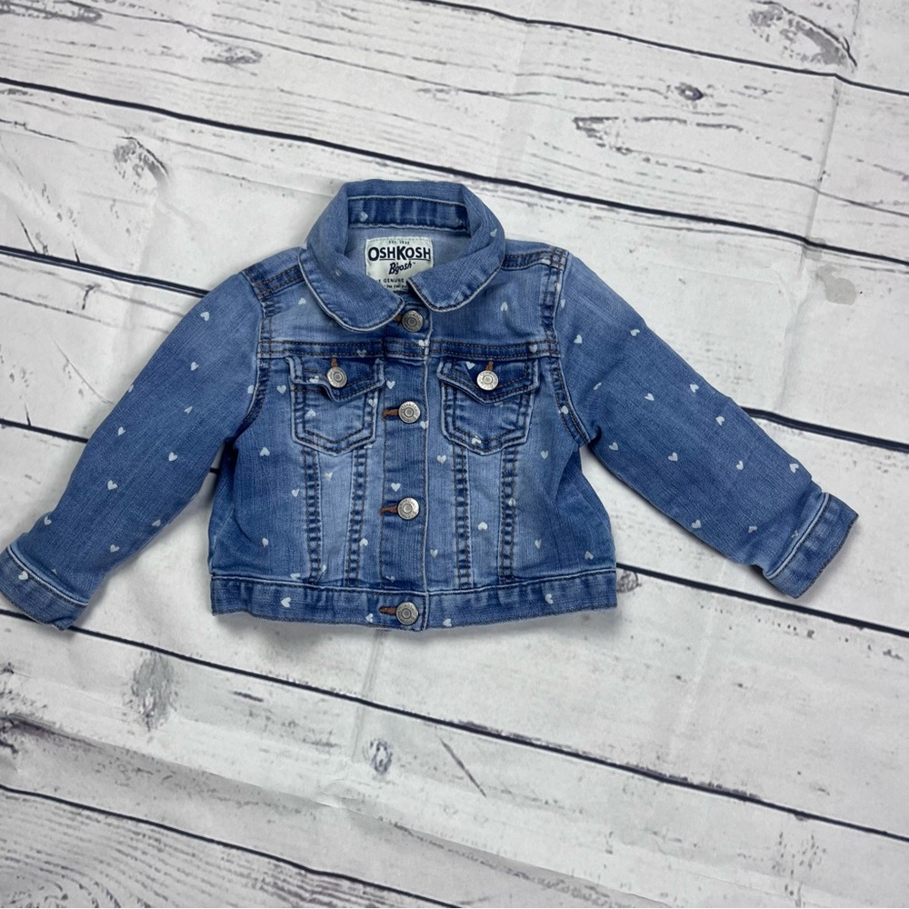 OshKosh B’Gosh Medium Wash Heart Print Denim Jean Jacket Snap Size 18 Months